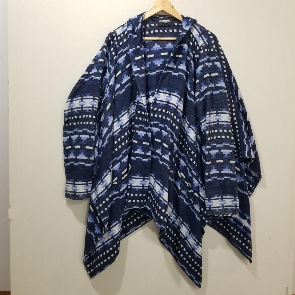 Betabrand Wrap Womens Large Blue Geometric Hooded Cape Blanket Sweater Aztec